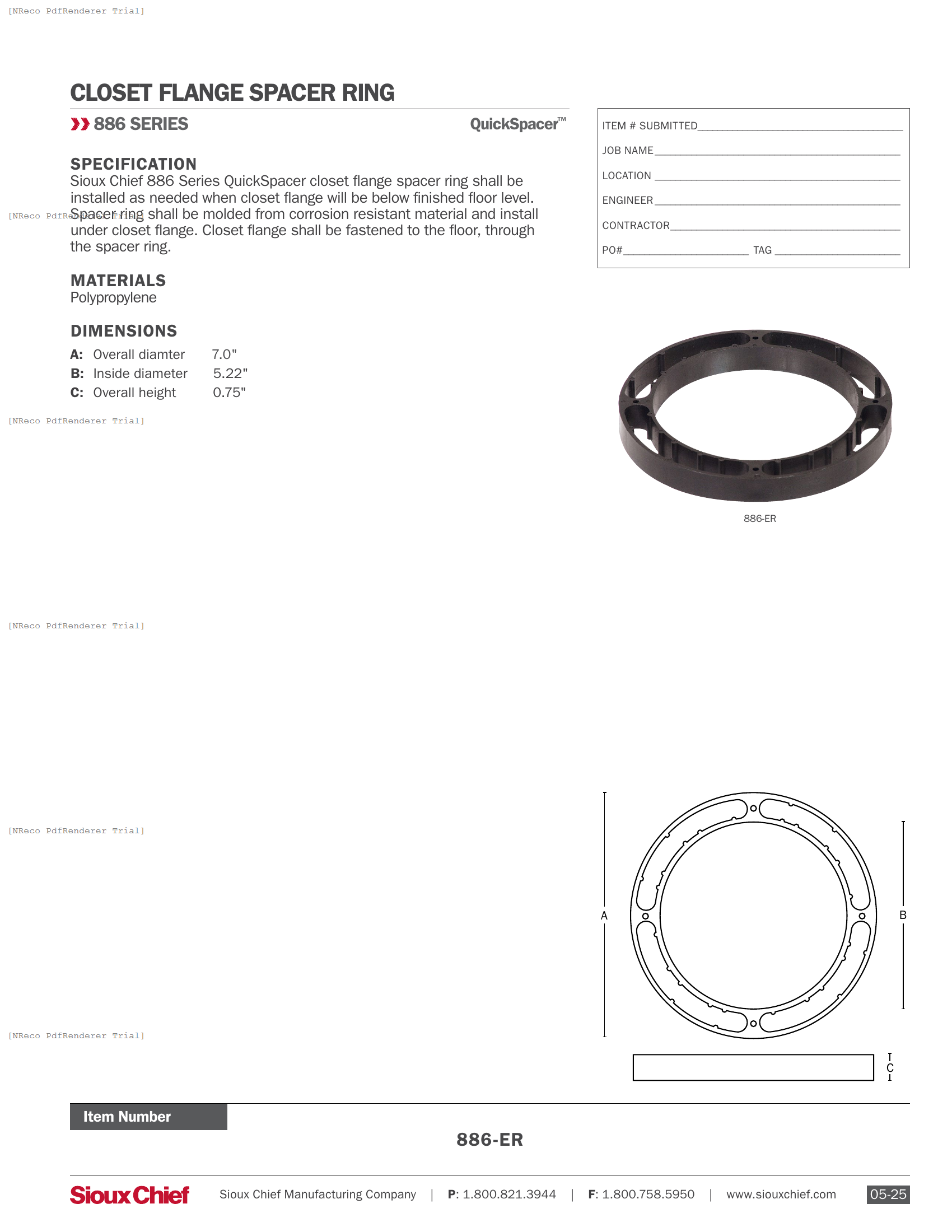 886-ER - CLOSET FLANGE SPACER RING - SPEC SHEET.PDF Specification Document